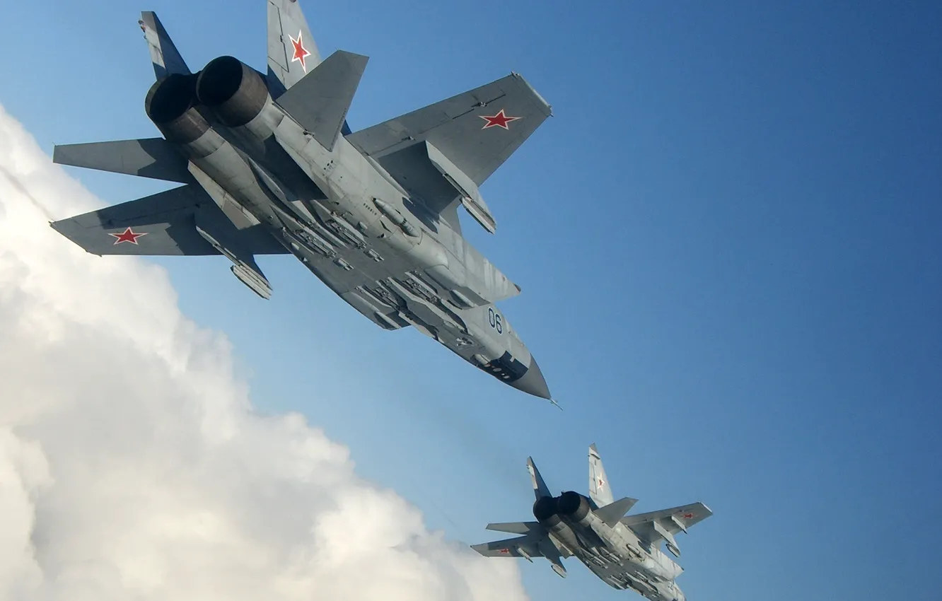 Photo wallpaper the sky, height, Fighter, pair, flight, BBC, Russia, Interceptor
