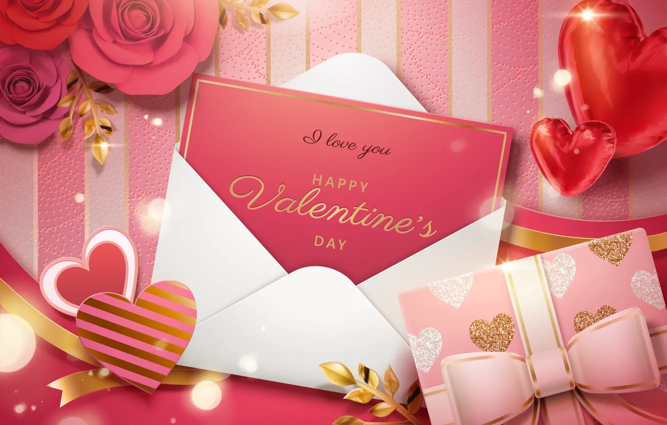 Photo wallpaper flowers, background, gift, the inscription, hearts, Valentine, Happy, Valentine Day
