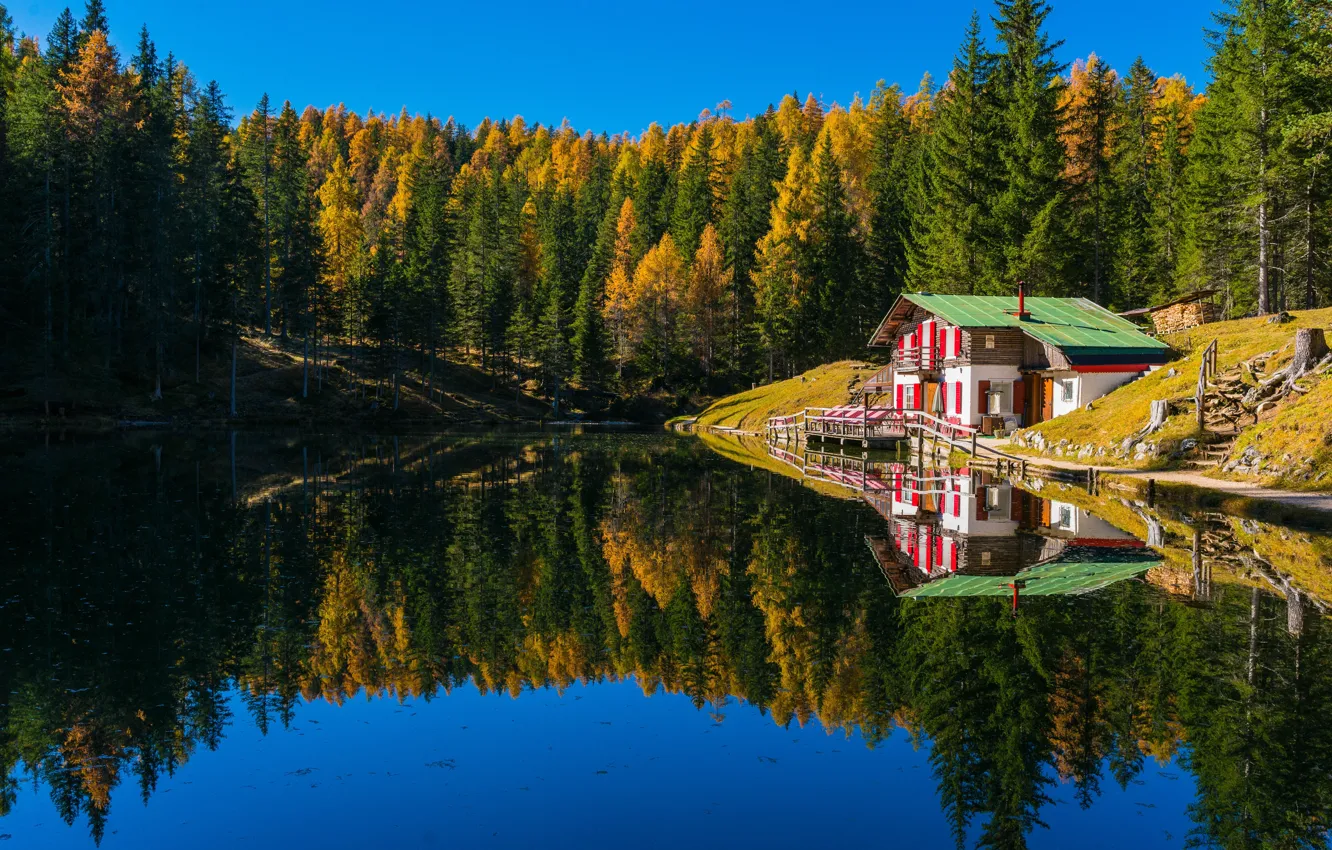 Photo wallpaper autumn, forest, landscape, nature, lake, house, reflection, Bank