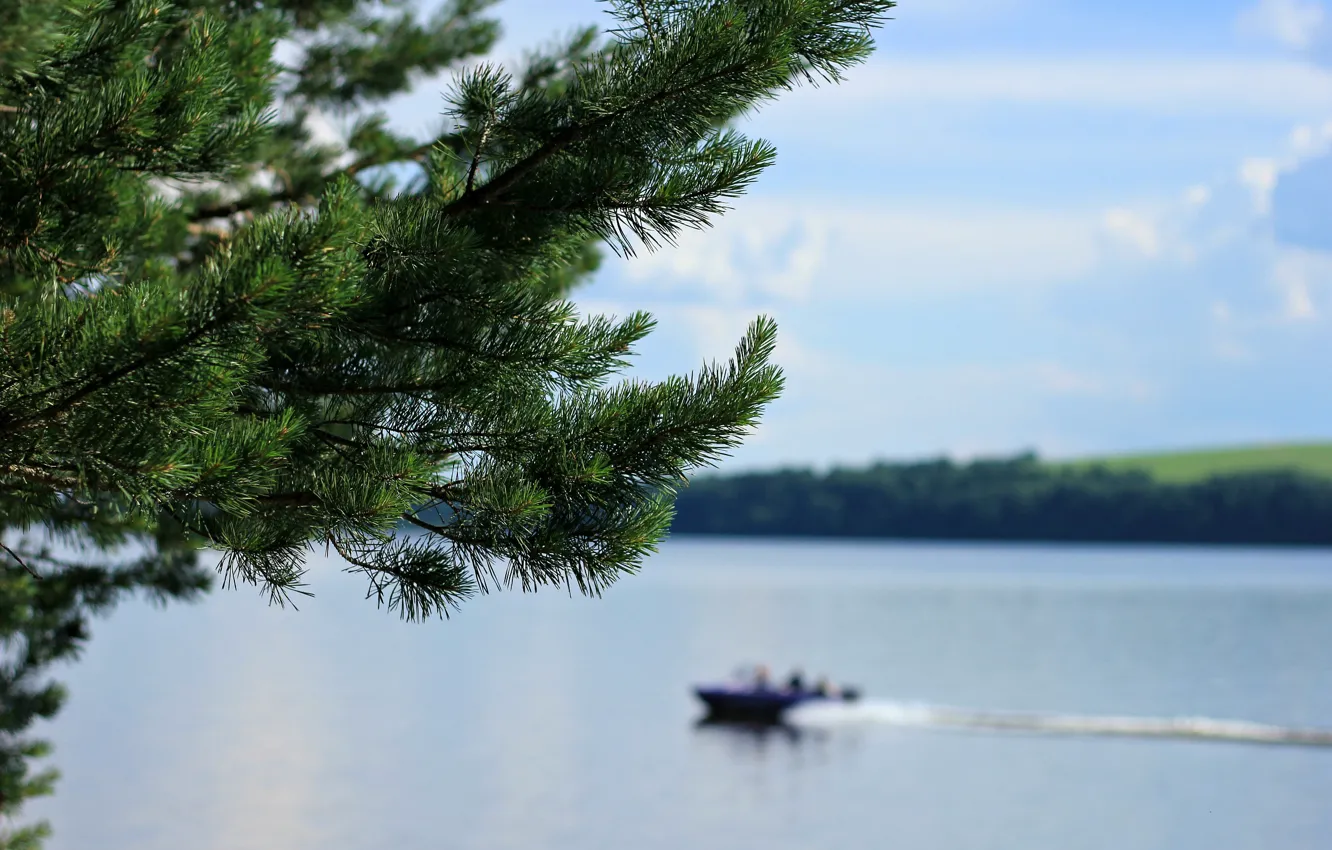 Photo wallpaper summer, river, boat, focus