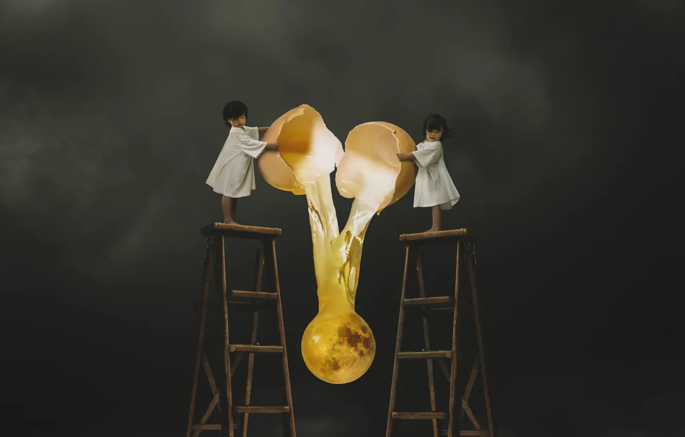 Photo wallpaper the sky, night, clouds, children, pose, rendering, fantasy, fiction