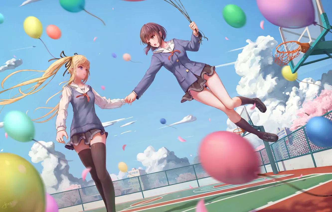 Photo wallpaper the sky, clouds, girls, balls, anime, Sakura, form, Schoolgirls