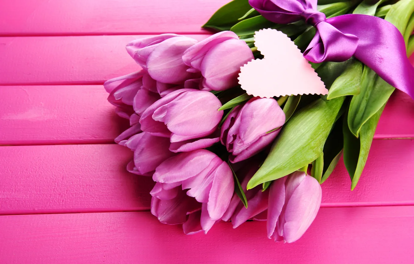 Photo wallpaper flowers, heart, tape, tulips, pink, bow, heart, ribbon