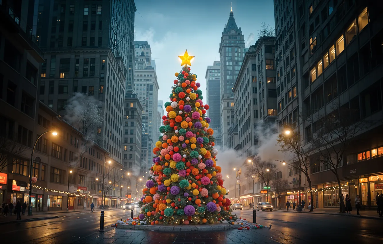 Photo wallpaper winter, decoration, the city, balls, street, tree, new year, Christmas