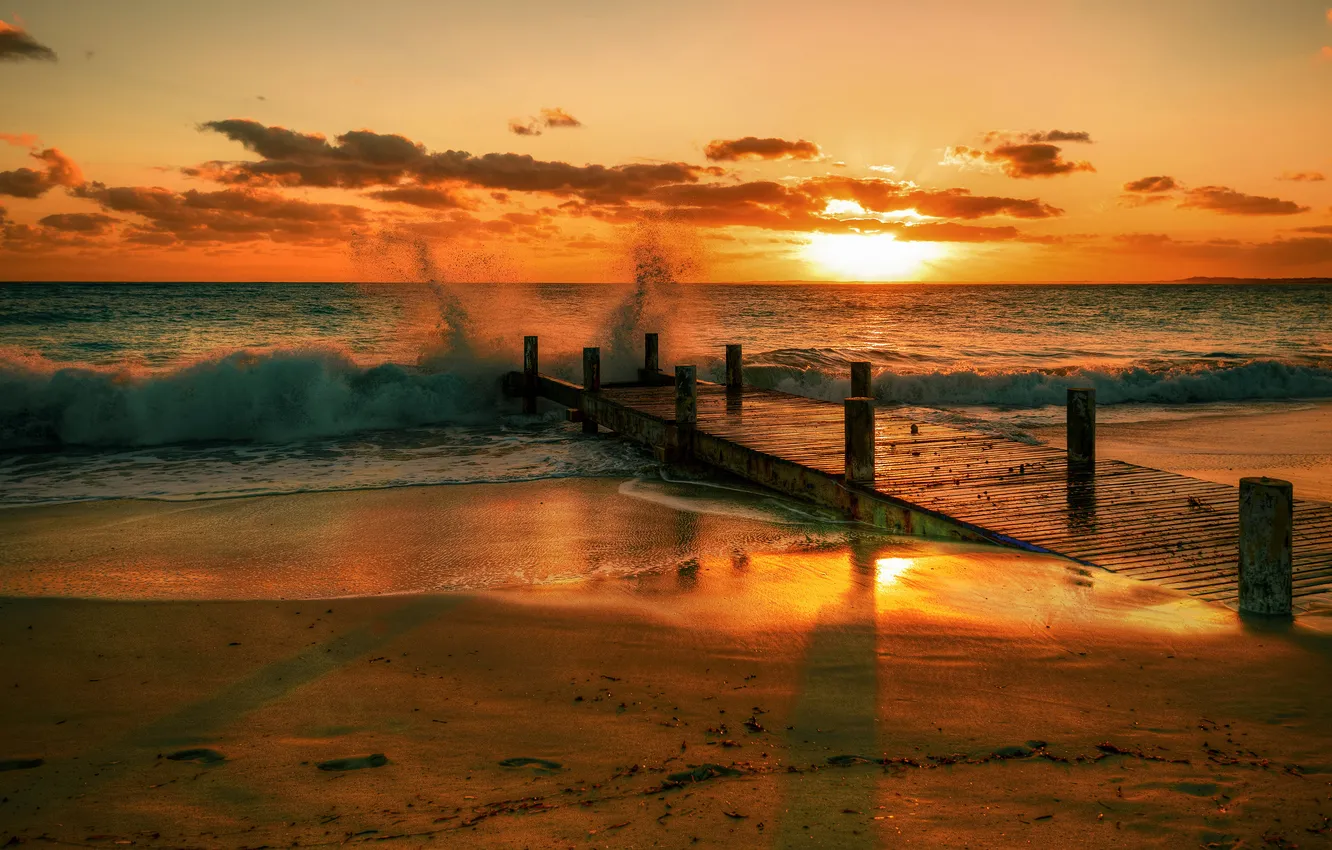 Photo wallpaper sand, sea, wave, beach, the sun, clouds, sunset, shore