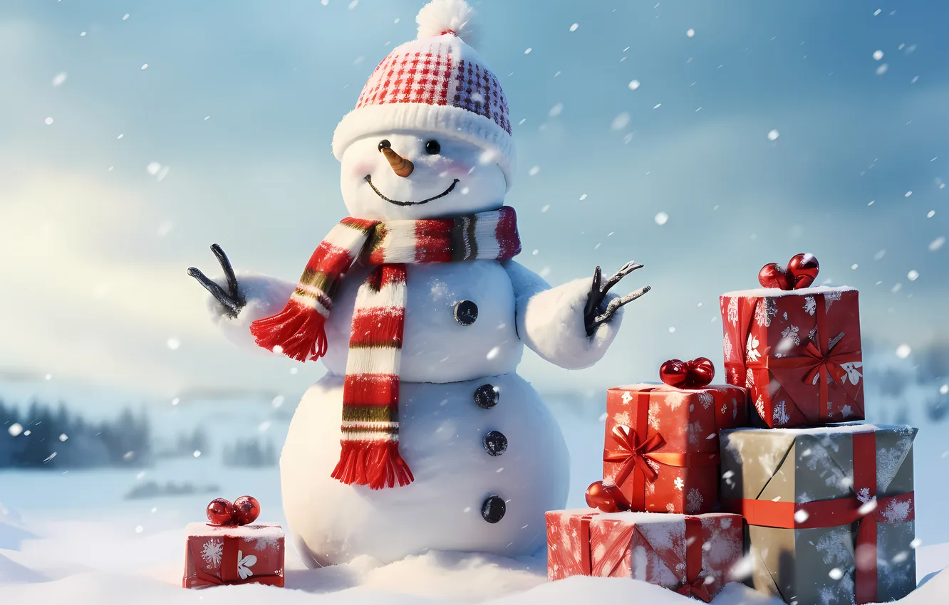 Photo wallpaper winter, snow, new year, Christmas, snowman, Christmas, winter, snow