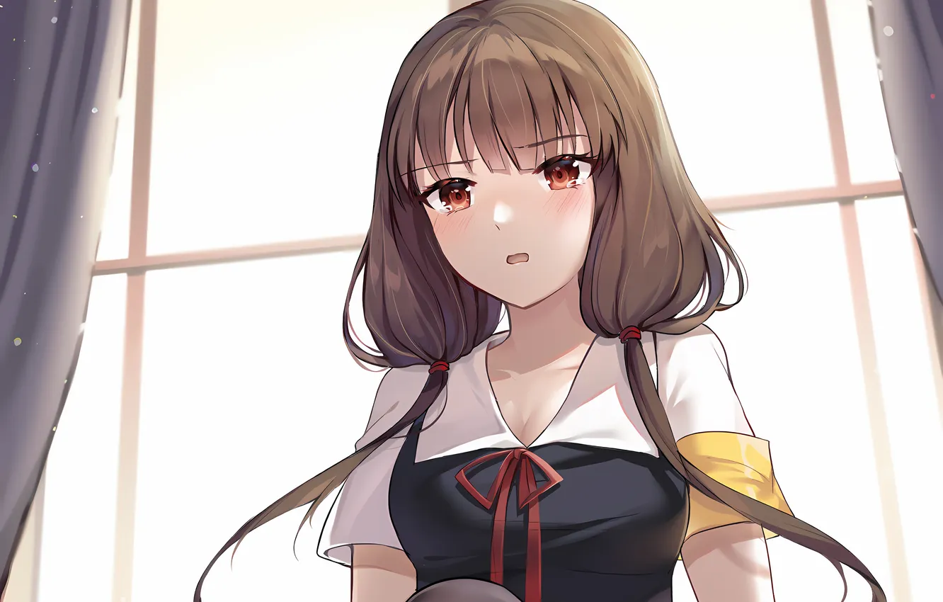 Photo wallpaper girl, long hair, brown hair, boobs, anime, beautiful, twintails, red eyes