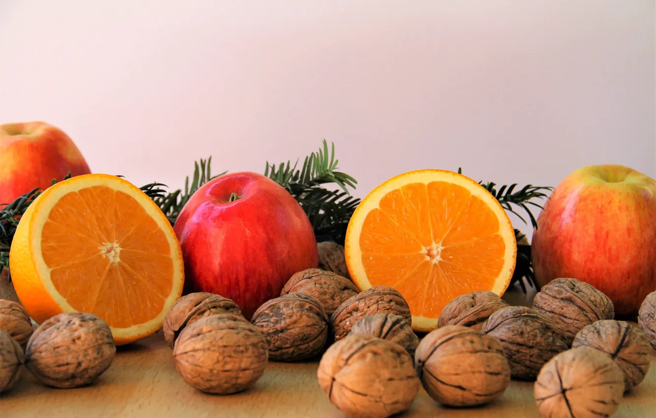 Photo wallpaper apples, orange, nuts
