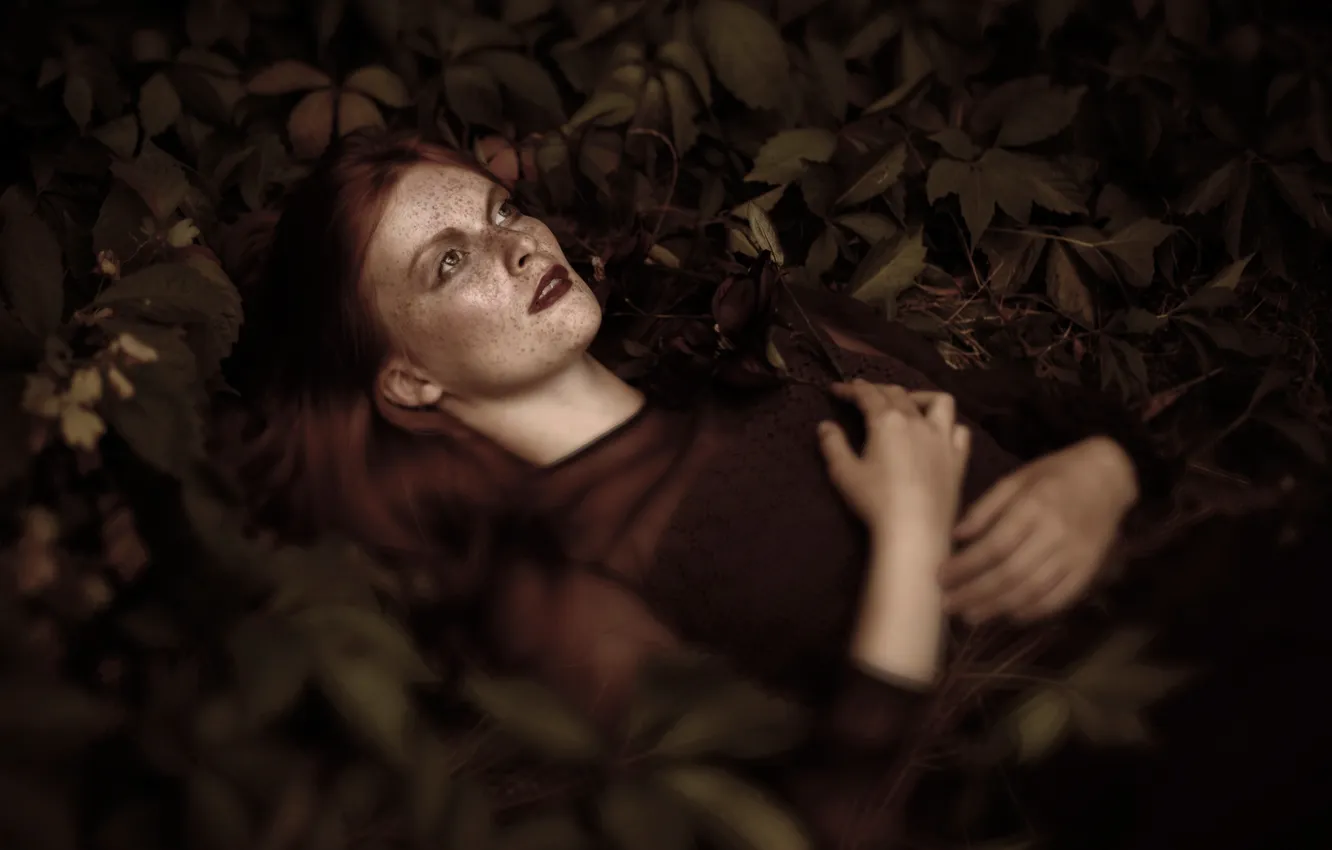 Photo wallpaper leaves, girl, stay, freckles, bokeh
