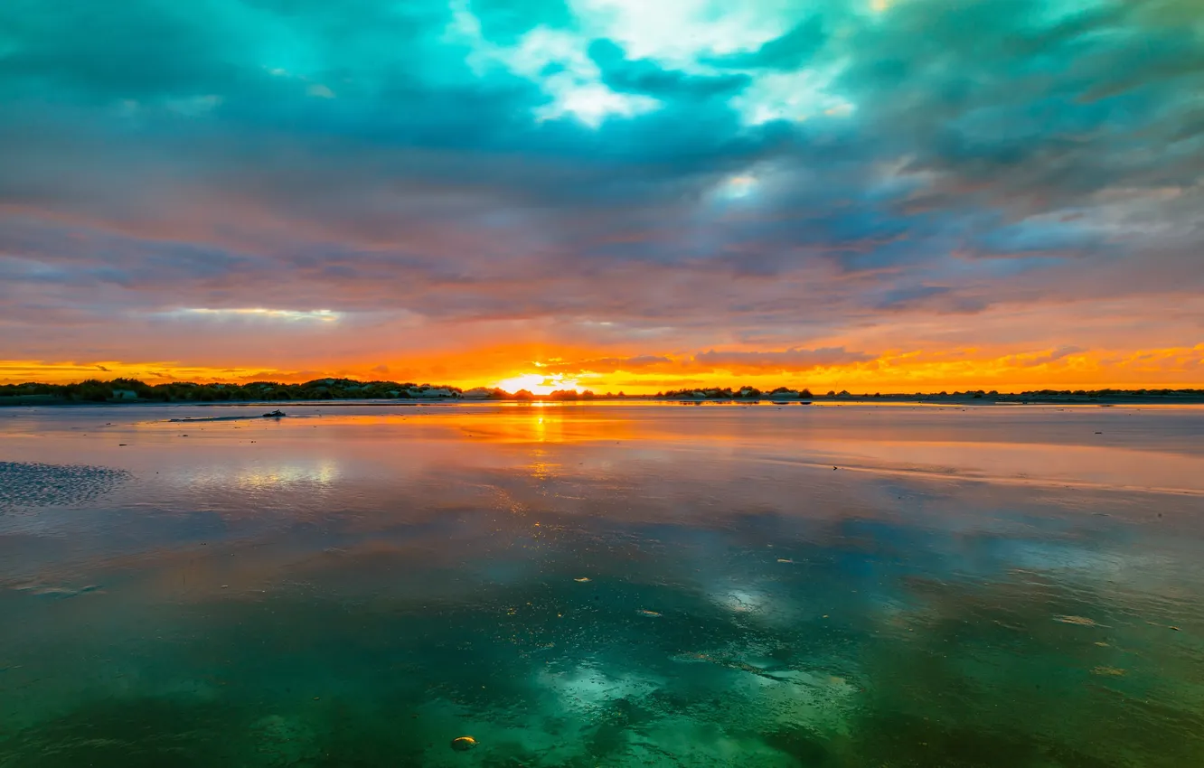 Photo wallpaper the sky, clouds, sunset, nature, lake, reflection, paint, glow