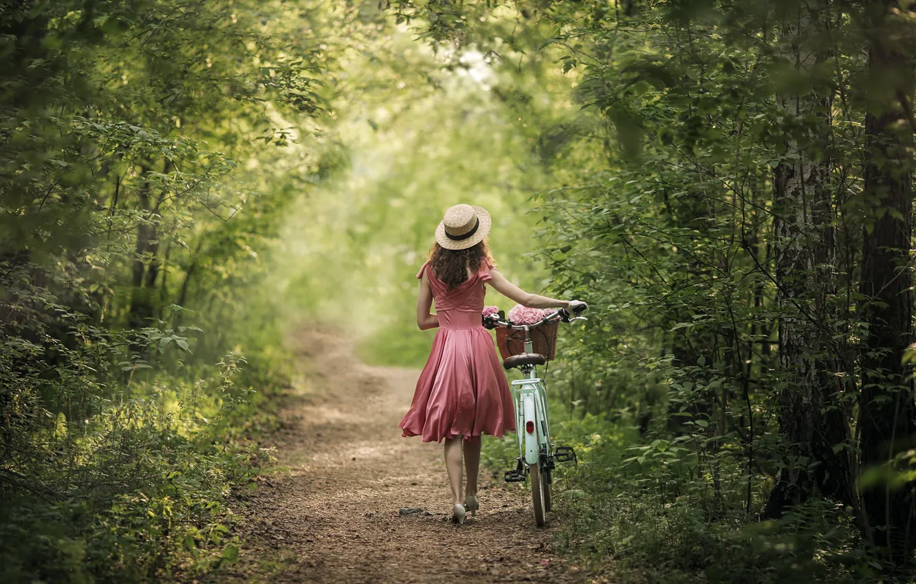 Photo wallpaper girl, light, nature, bike, back, dress, Anastasia Barmina