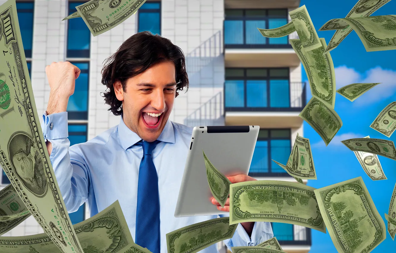 Photo wallpaper joy, victory, good luck, people, money, dollars, guy, success