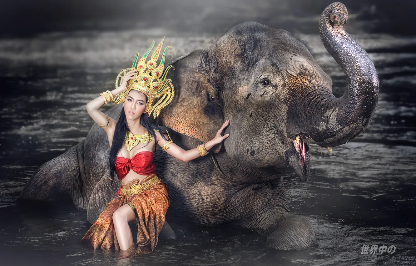 Photo wallpaper water, girl, style, elephant, outfit, Asian