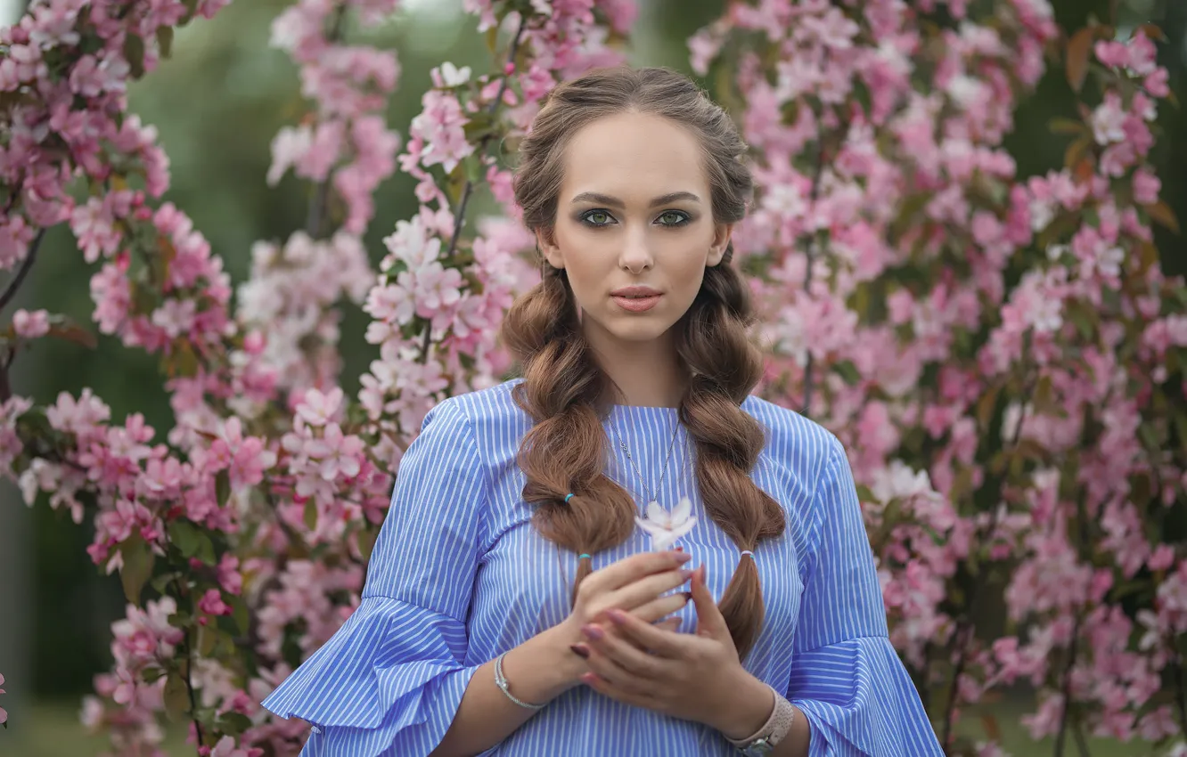 Photo wallpaper look, girl, hair, hairstyle, beautiful, flowers, Maria, Dmitry Sn