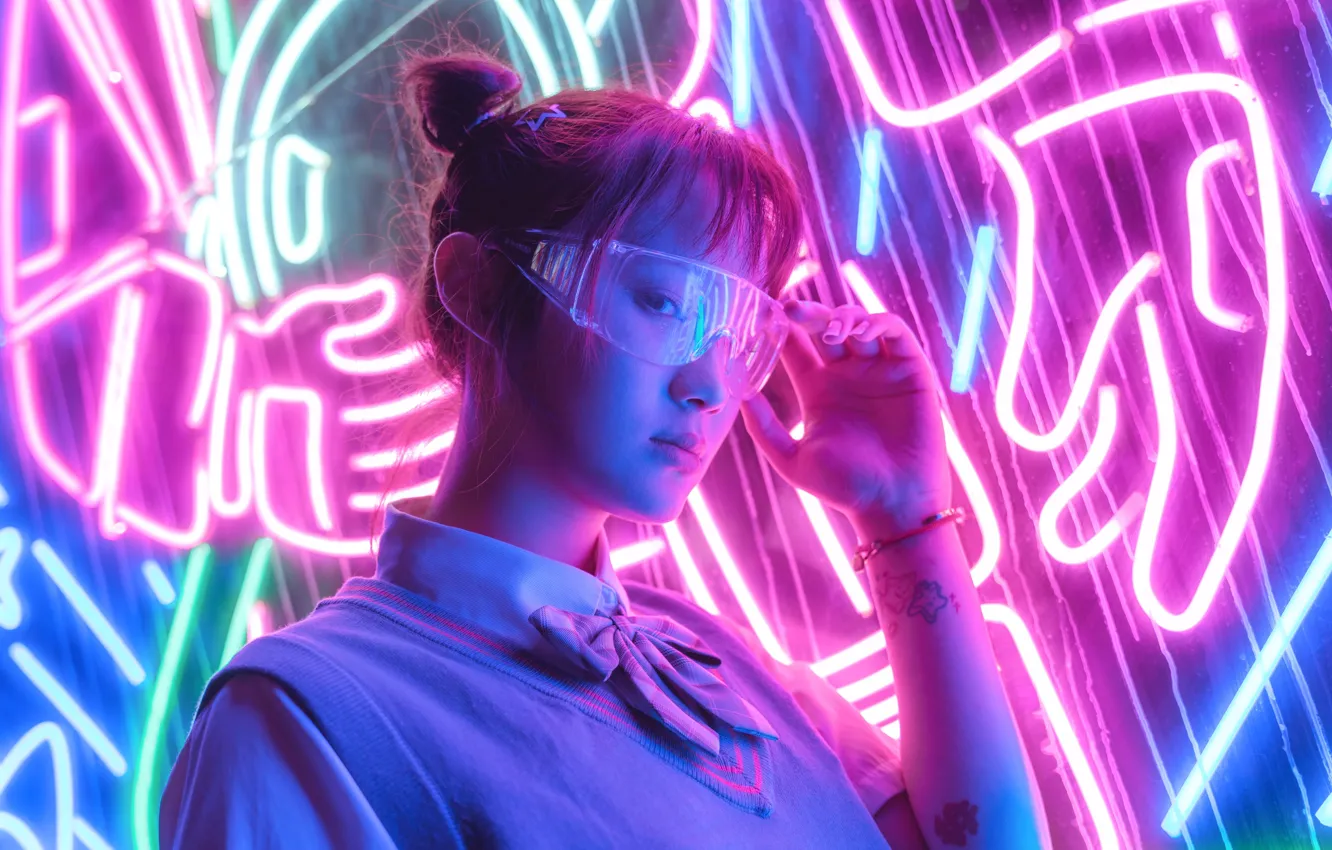Photo wallpaper girl, background, Wallpaper, neon, glasses, wallpaper, girl, picture