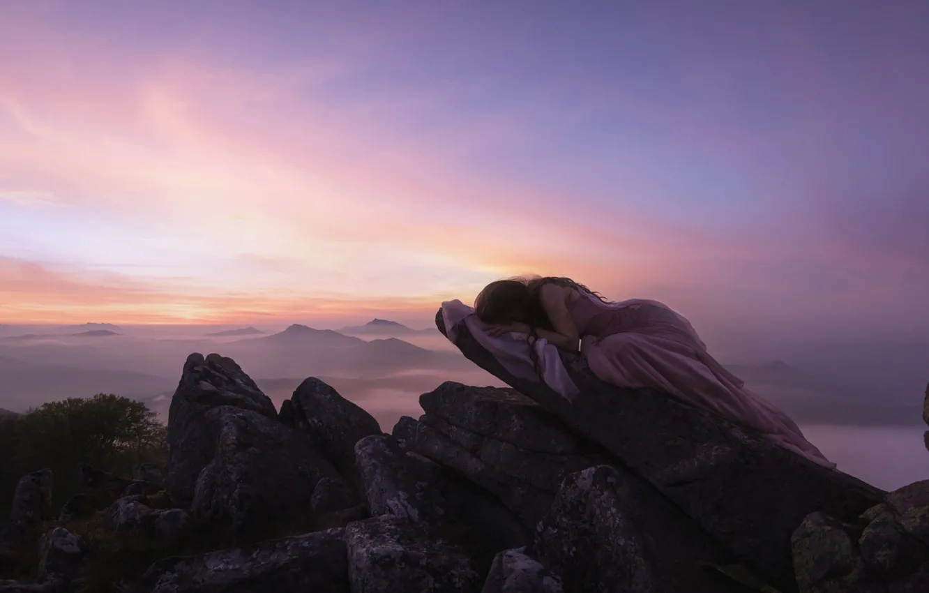Photo wallpaper pink, morning, mountains, romance, girl, sleeping, sleep, clouds