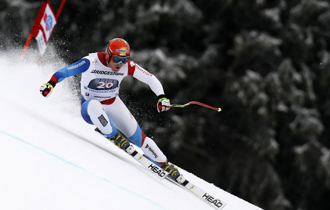 Photo wallpaper snow, track, skiing, Leki, head, ski, Didier Cuche, Partenkirchen