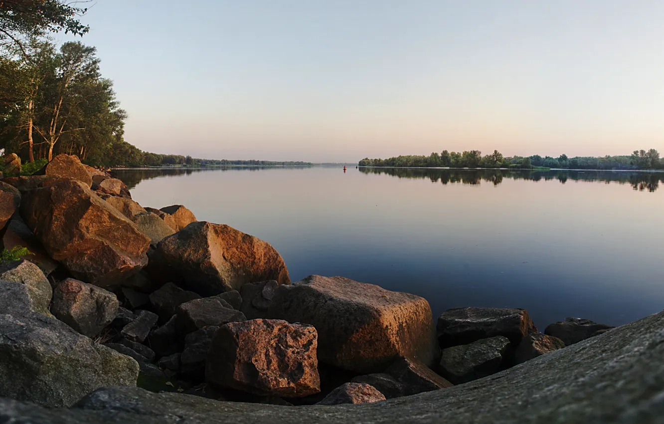 Photo wallpaper surface, river, stones, dawn, river, Dnepr