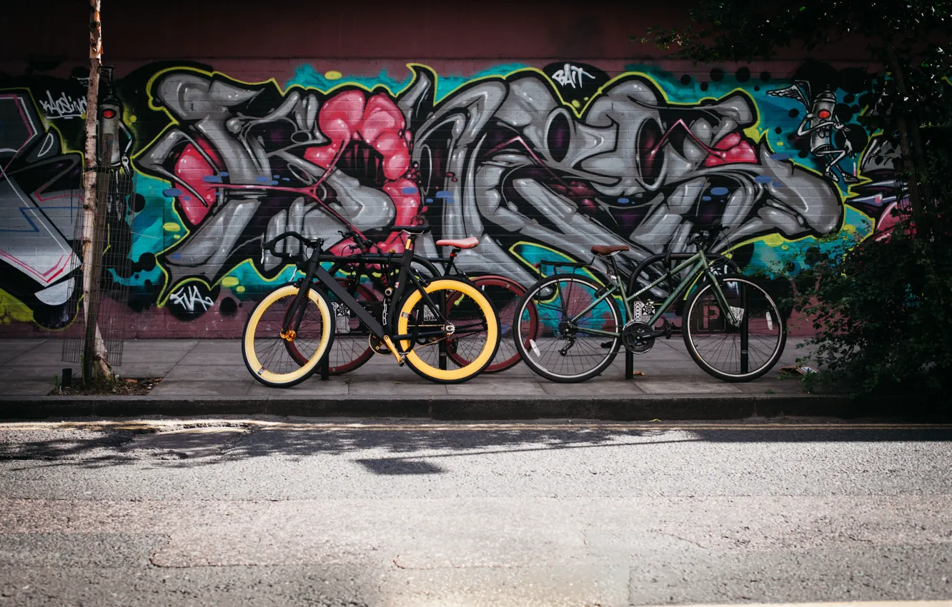 Photo wallpaper road, bike, wall, street, graffiti, hdr, ultra hd