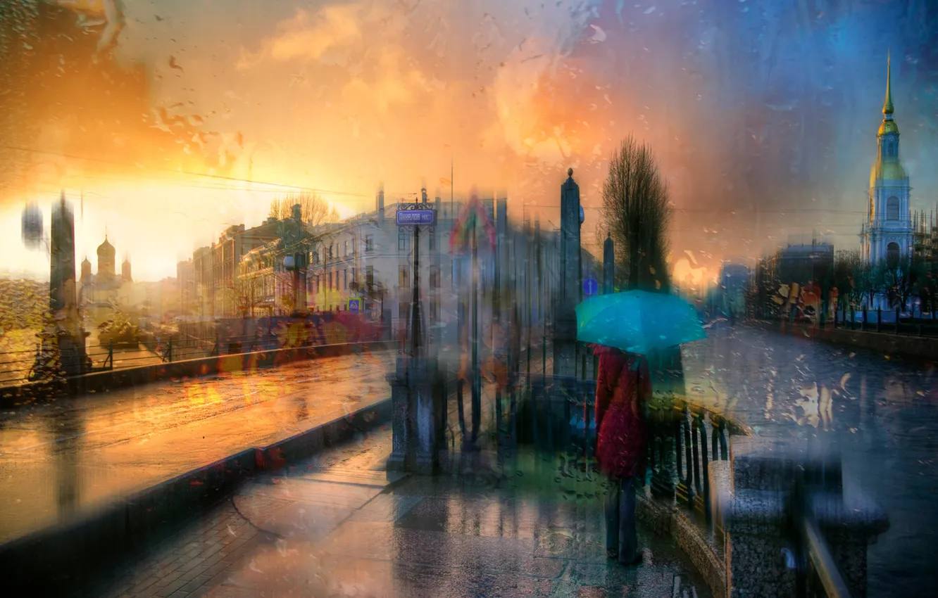 Photo wallpaper road, sunset, the city, rain, building, the evening, Peter, Saint Petersburg