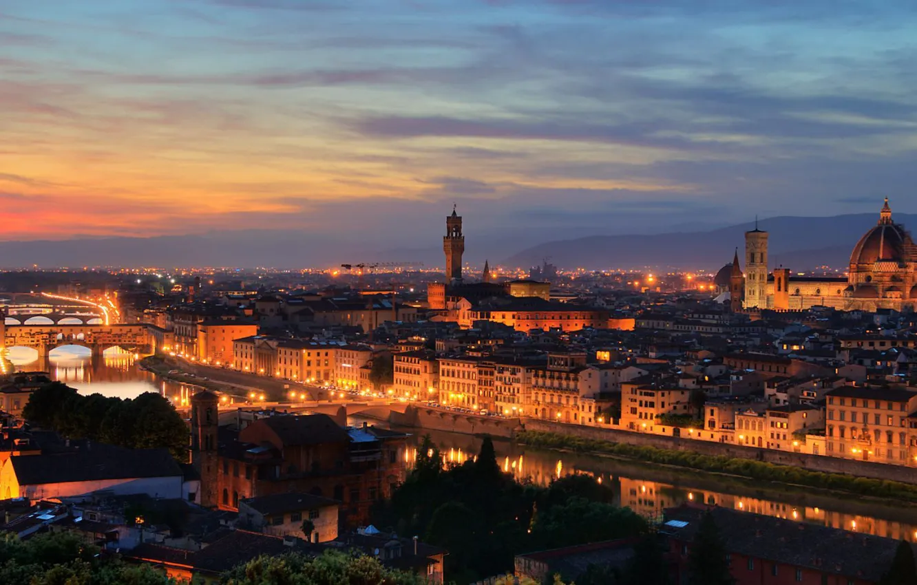 Photo wallpaper sunset, bridge, the city, view, home, the evening, Italy, Florence