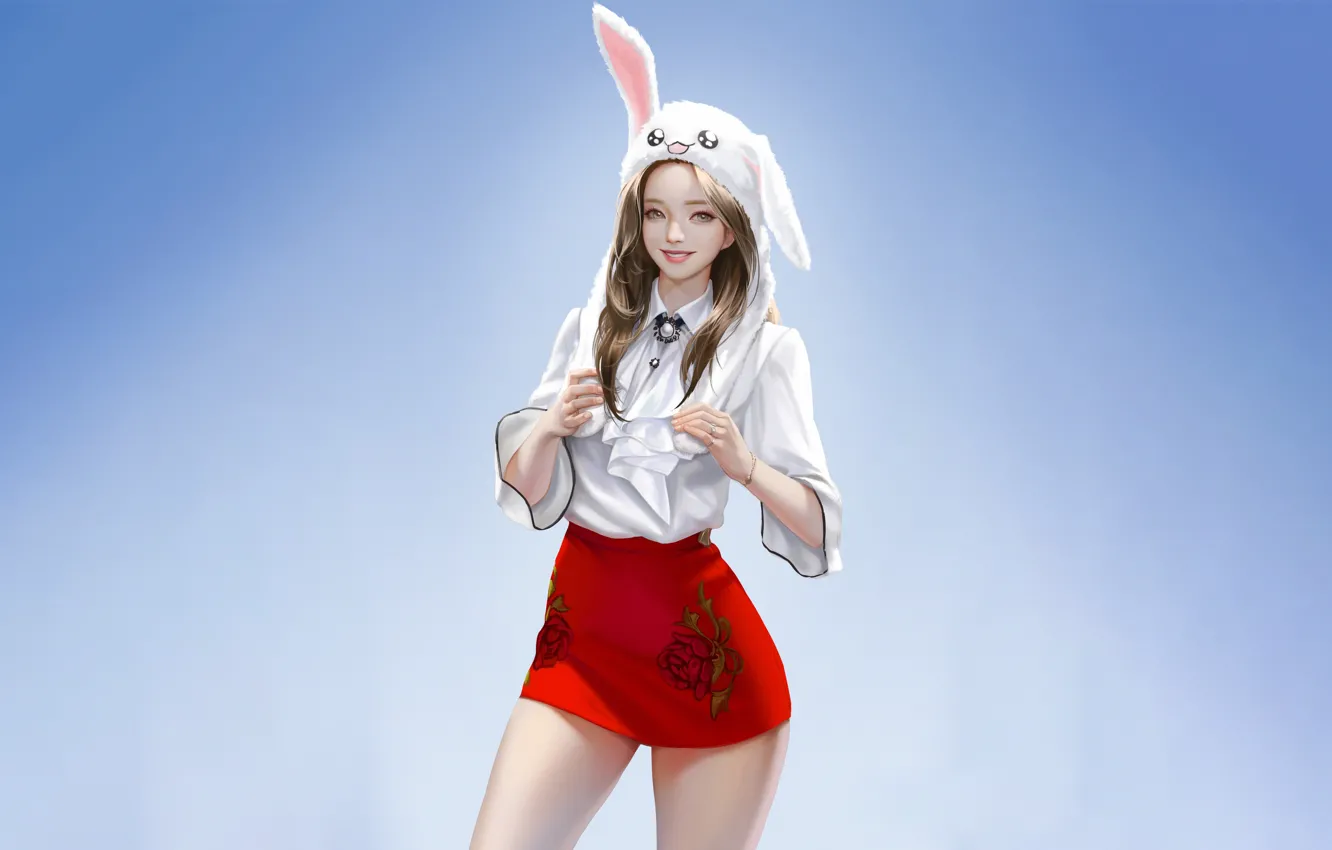 Photo wallpaper girl, smile, background, hat, skirt, minimalism, girl, fantasy