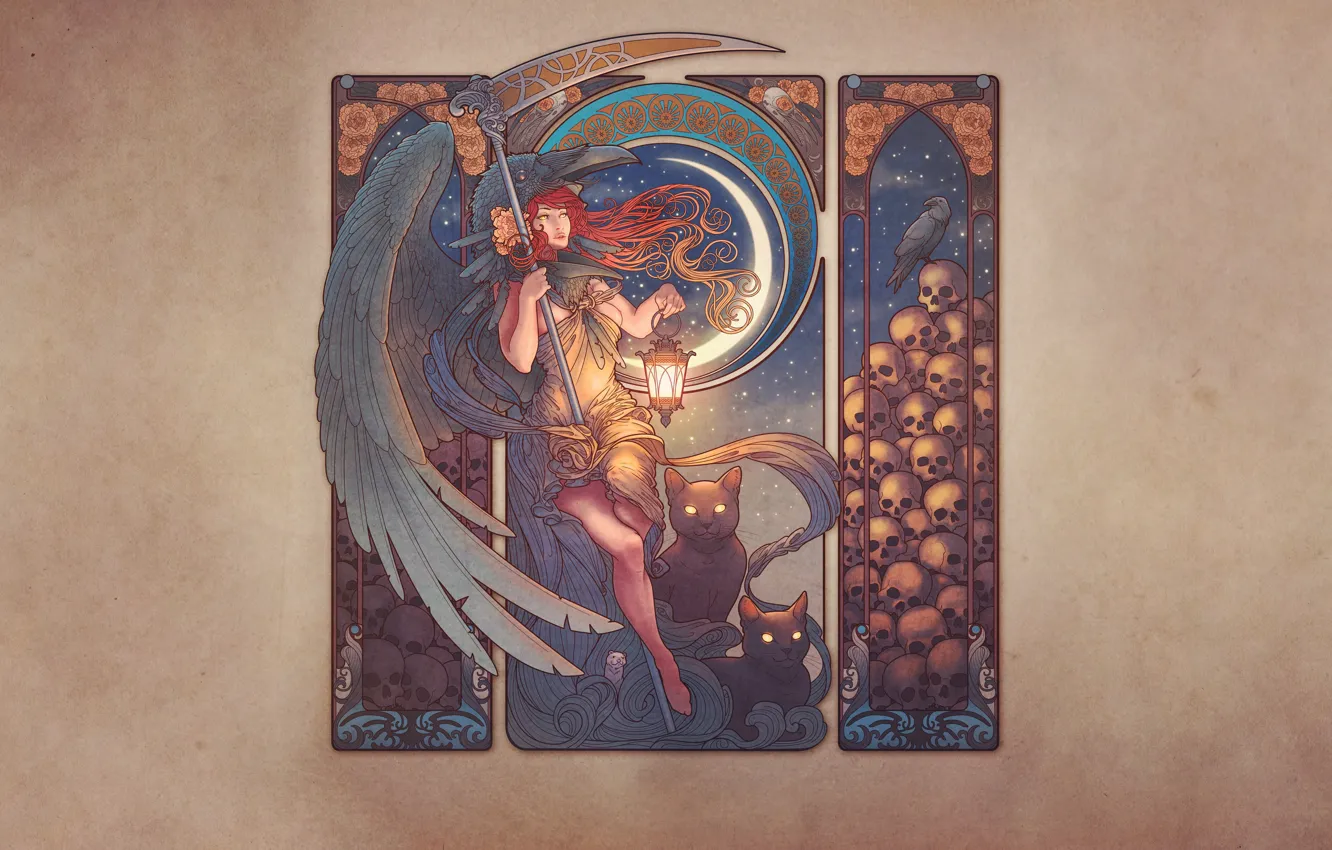 Photo wallpaper cat, girl, figure, skull, wings, minimalism, braid, art