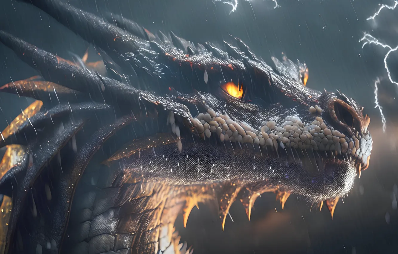 Photo wallpaper the storm, look, face, rain, lightning, dragon, portrait, fantasy