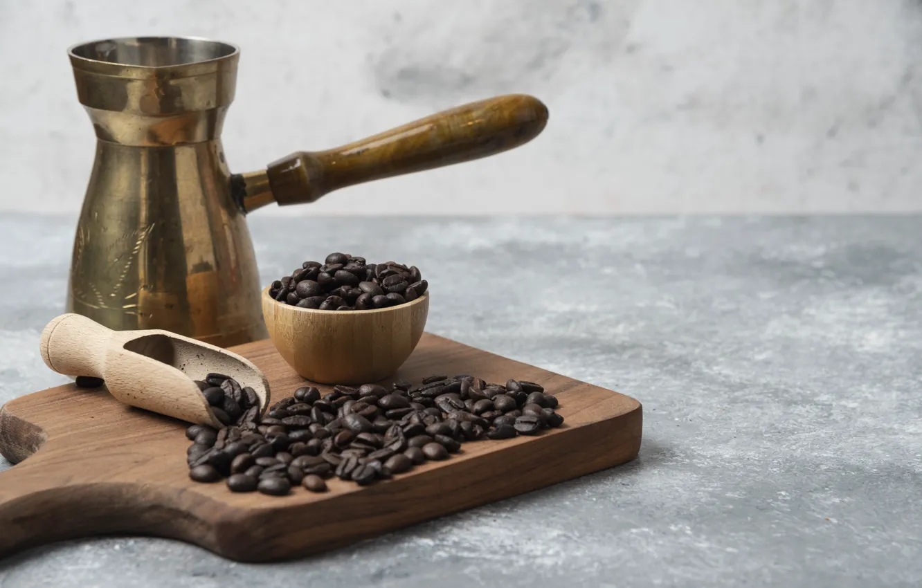 Photo wallpaper coffee, bowl, grey background, coffee beans, Turk, scoop, cutting Board