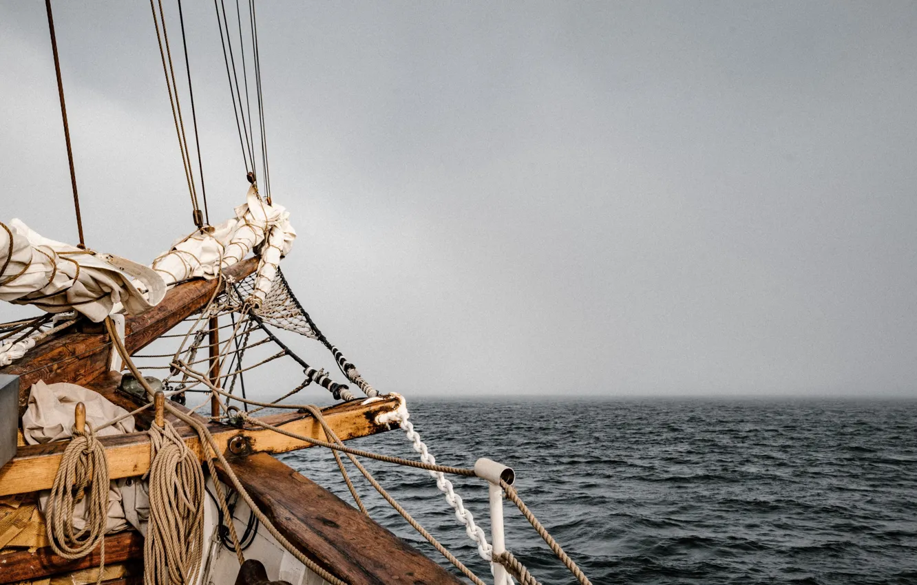 Photo wallpaper overcast, the ocean, ship, sailboat, sail, haze, mast, rigging