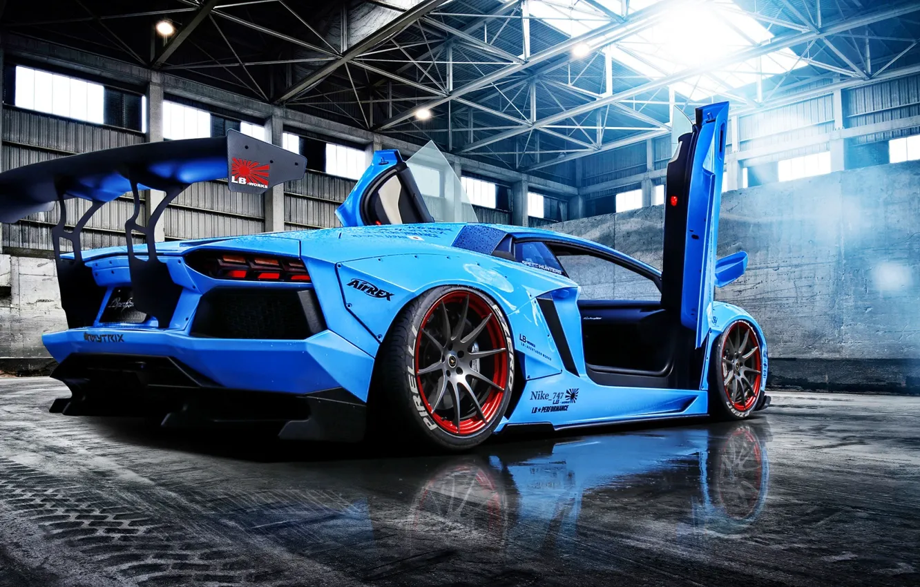 Photo wallpaper Lamborghini, Blue, Sun, Aventador, Supercar, LP720-4, Rear, Liberty