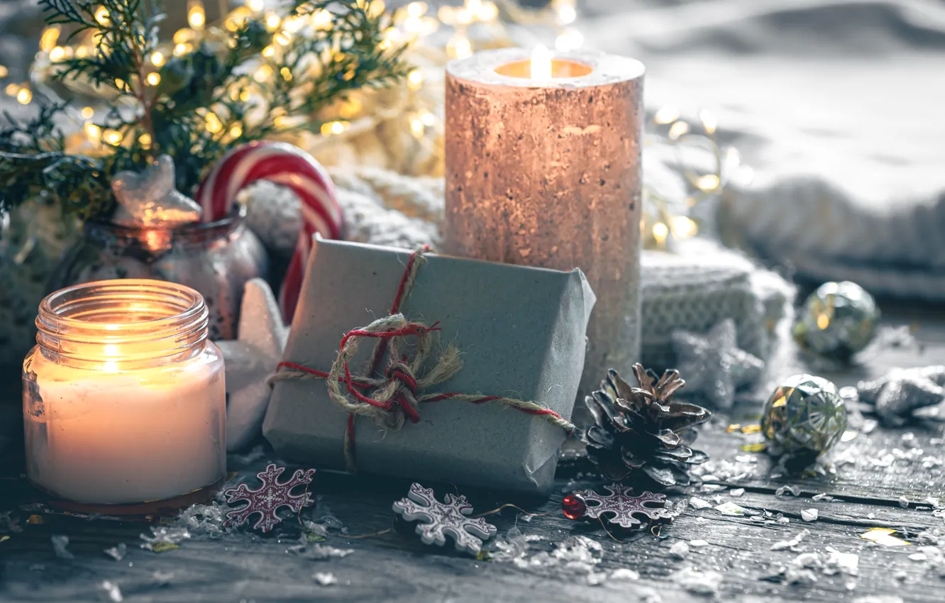Photo wallpaper light, snowflakes, branches, comfort, holiday, box, gift, Board
