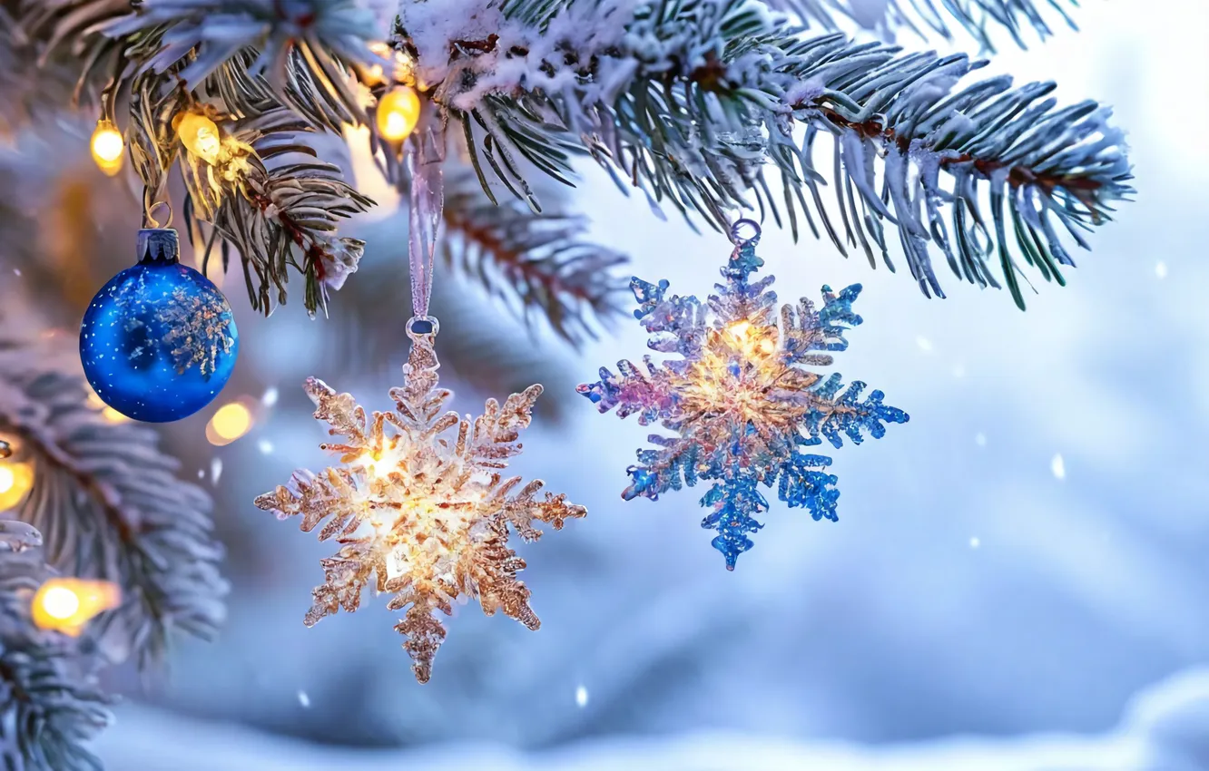 Photo wallpaper snowflakes, new year, Christmas decorations, New Year's toys