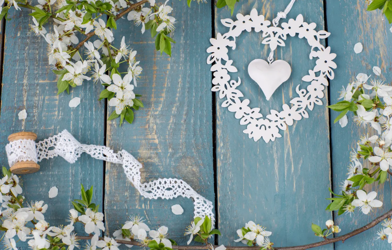 Photo wallpaper heart, apple, spring, love, white, flowering, heart, wood