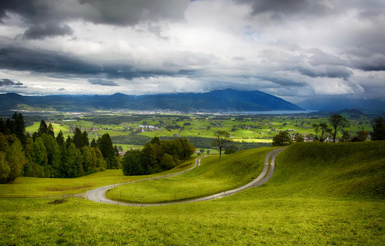 Photo wallpaper road, mountains, field, Switzerland, space, forest, Wattenwil