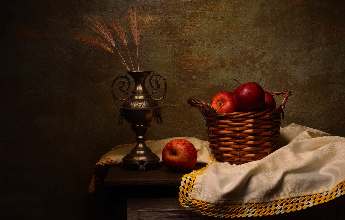 Photo wallpaper the dark background, table, apples, towel, spikelets, vase, still life, basket