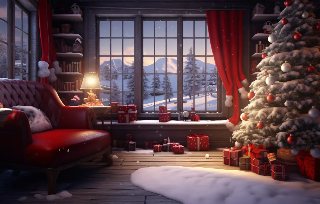 Photo wallpaper decoration, sofa, gift, balls, tree, new year, Christmas, Christmas
