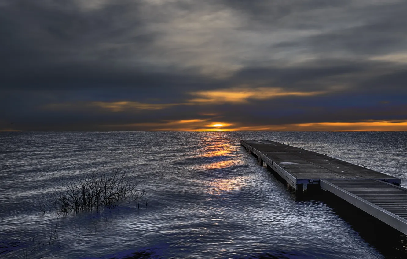 Photo wallpaper sea, sunset, bridge