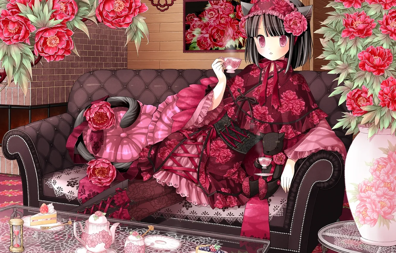 Photo wallpaper girl, flowers, table, sofa, tea, pillow, art, tail