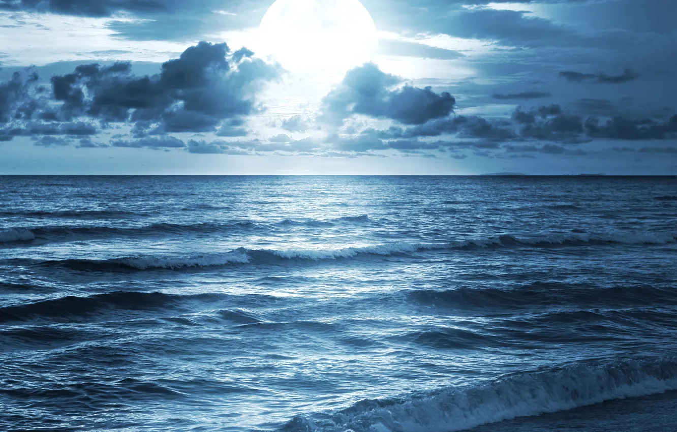 Photo wallpaper sea, wave, the sky, clouds, light, the moon, horizon, surf