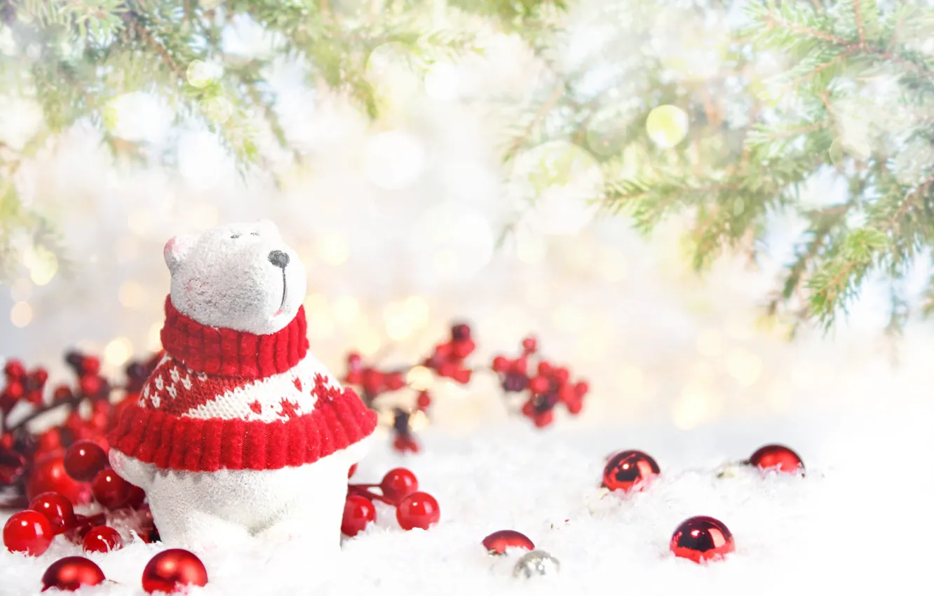 Photo wallpaper white, balls, light, snow, holiday, toy, scarf, bear