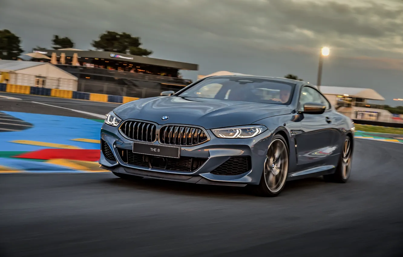 Photo wallpaper coupe, track, turn, BMW, Coupe, 2018, gray-blue, 8-Series