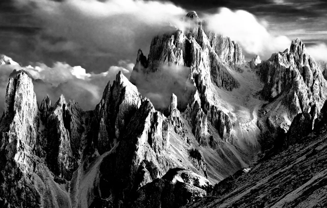 Photo wallpaper the sky, clouds, mountains, nature, rocks, black & white, black and white, monochrome