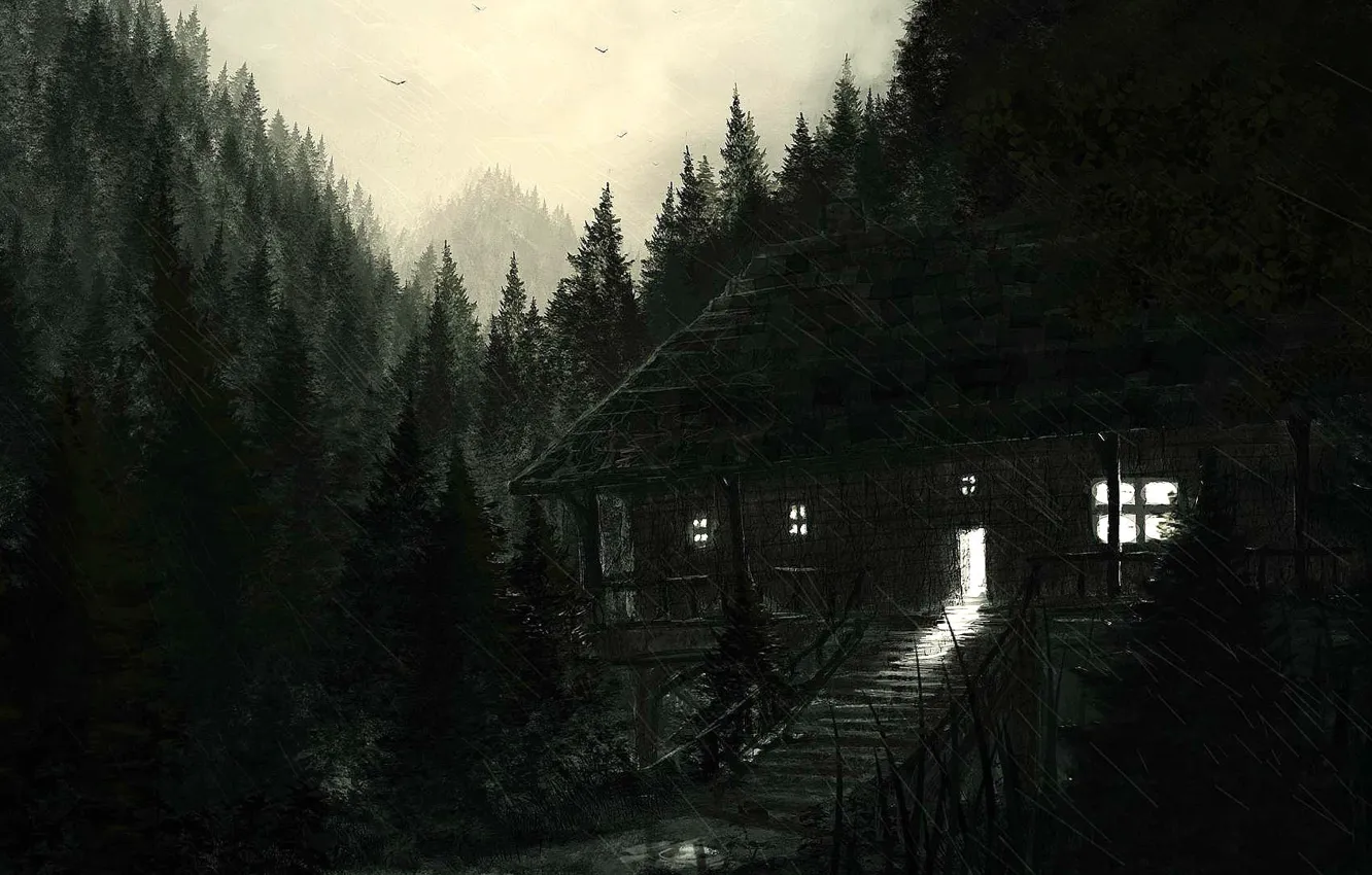 Photo wallpaper black & white, dark, horror, forest, mountains