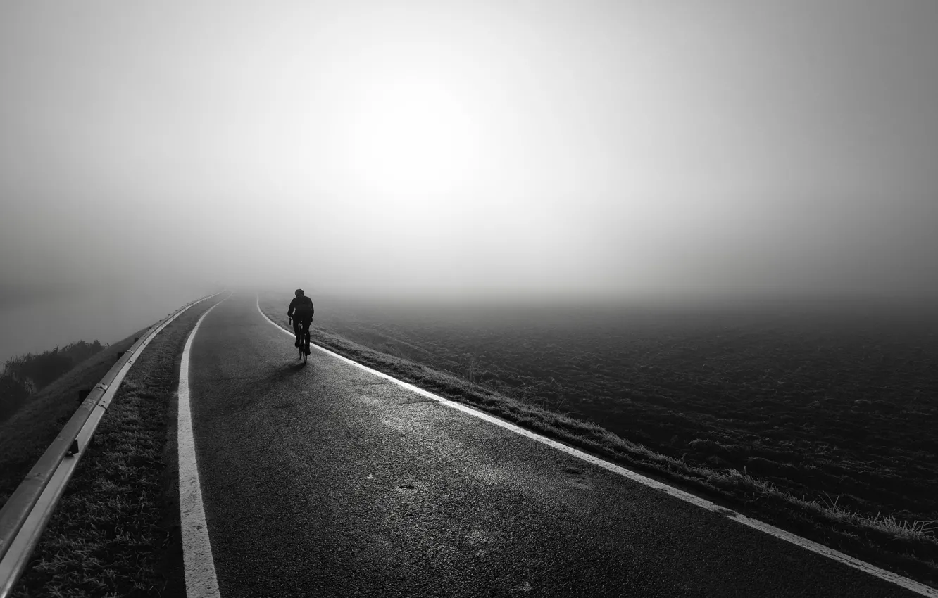 Photo wallpaper road, fog, cyclist