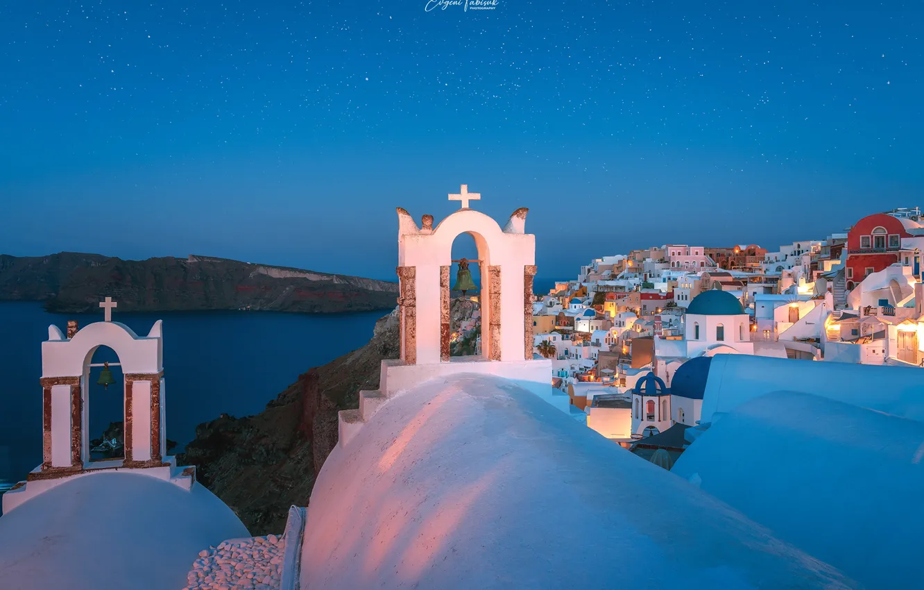 Photo wallpaper sea, stars, landscape, night, nature, the city, home, Santorini