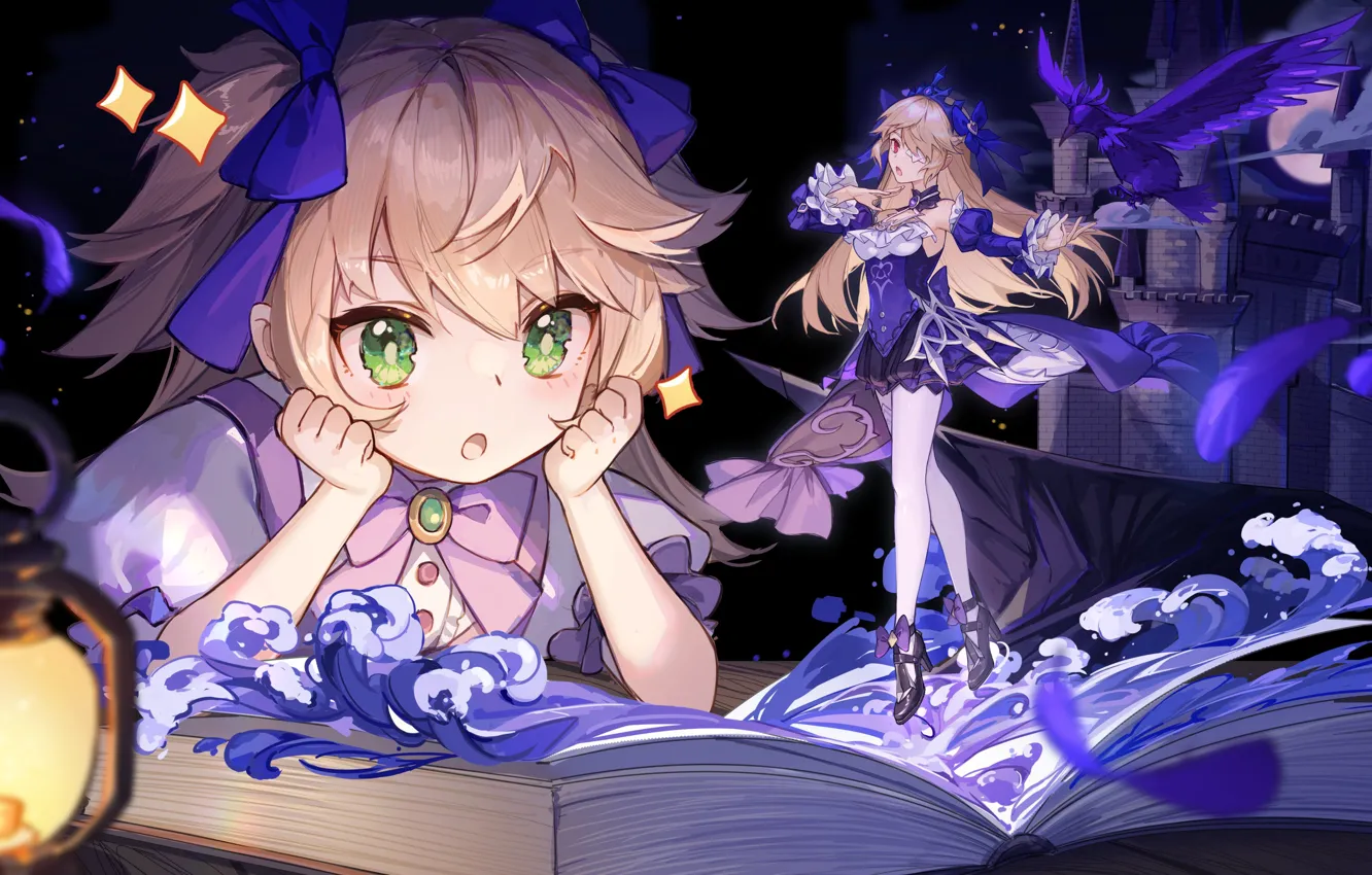 Photo wallpaper castle, fantasy, girl, book, Raven, Amy, Genshin Impact, Fischl