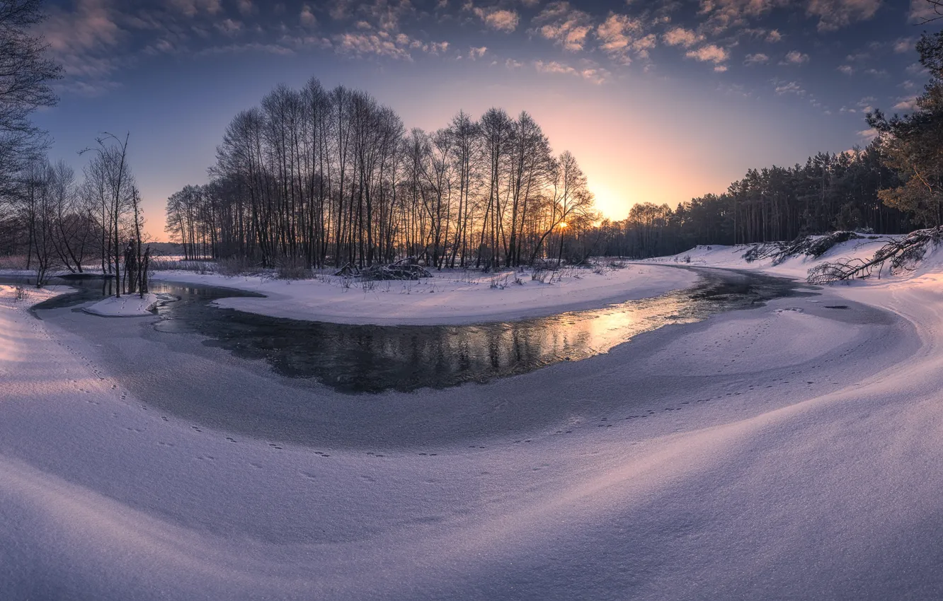 Photo wallpaper winter, snow, trees, sunset, river, Poland, Poland, Grabia River