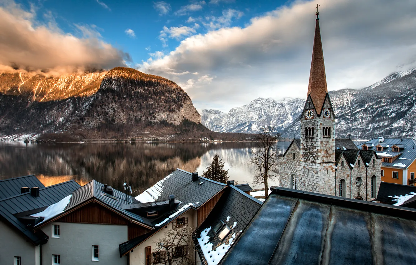 Photo wallpaper clouds, mountains, lake, tower, home, Austria, roof, Alps