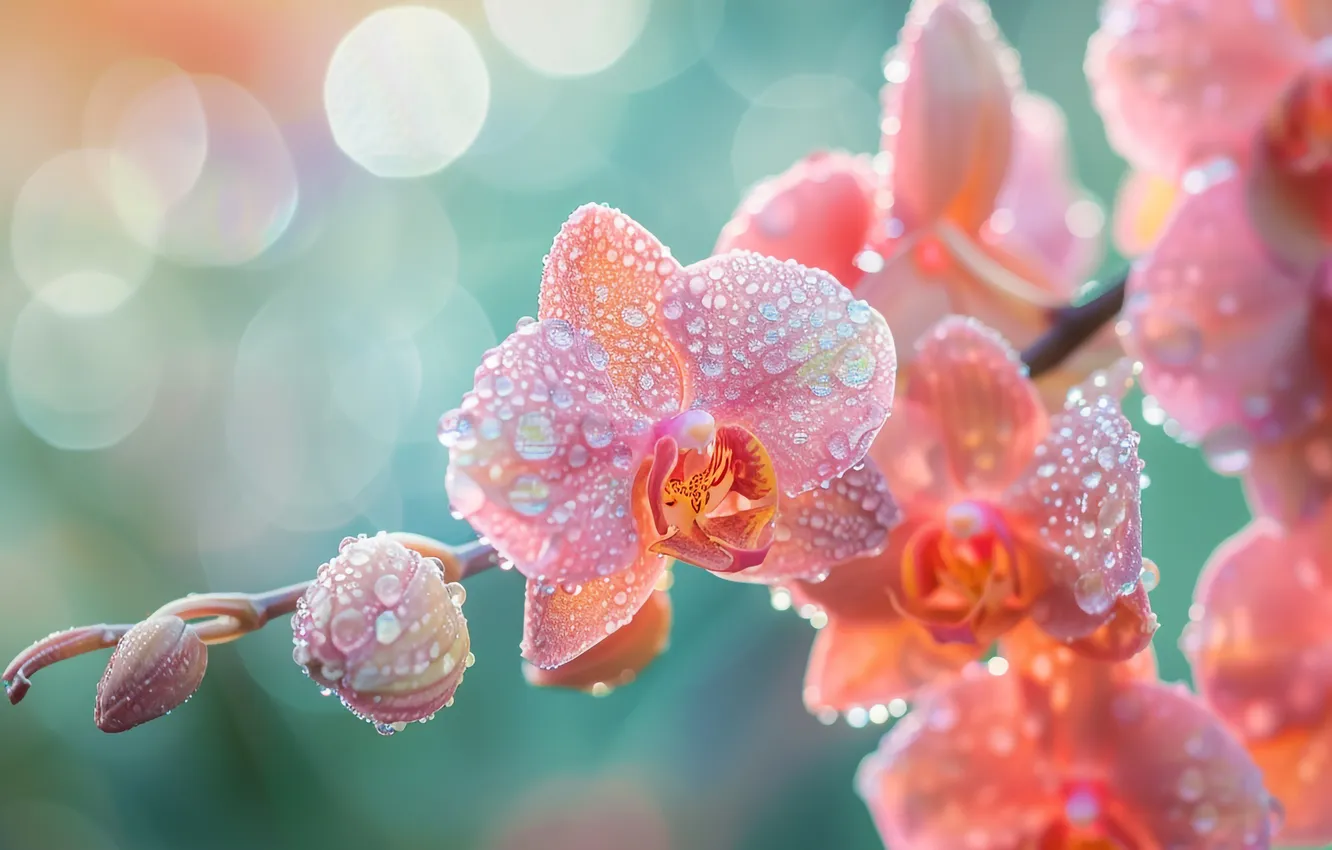 Photo wallpaper drops, flowers, branches, rain, pink, Orchid, bokeh, salmon
